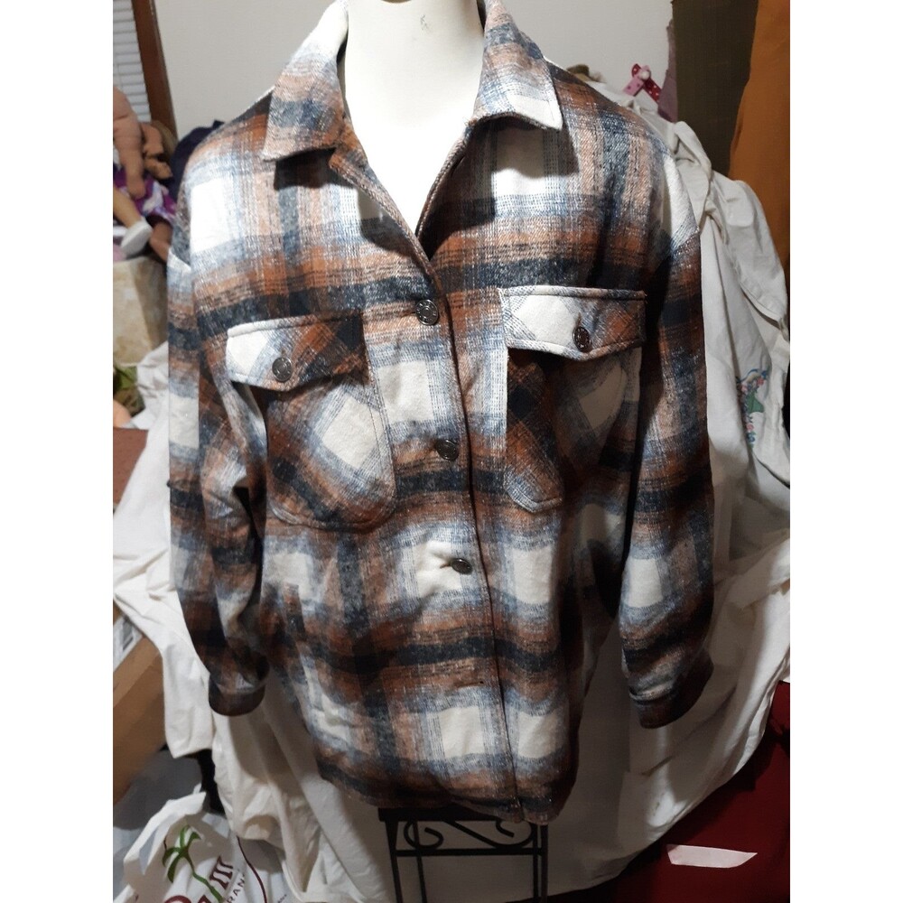 Womens K.ZELL PARIS BRN PLD SOFT OVERSIZED LINED SHIRTJACKET SZ MED
